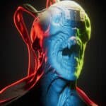 Brain with futuristic virtual reality headset in vibrant neon colors, digital art, cyberpunk style, high detail, surreal illustration, creative concept, CG Lounge branding focus.